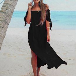 Casual Dresses Ladies Off Shoulder Knotted Dress Short Sleeve High Slit Plain Solid Color Neckline Simple Womens Summer Long