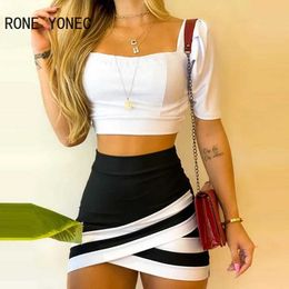 Two Piece Dress Womens flat bottomed short Sve crop top and high waisted Colourful lock skirt summer vacation set Y240508