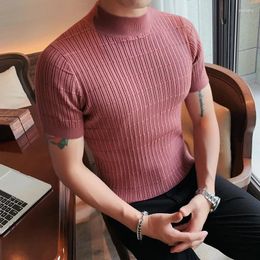 Men's Sweaters Brand Clothing Spring Half High Neck Solid Colour Round Striped T-shirt Fashion Men Slim Fit Casual Knitted Pullover Tee Top