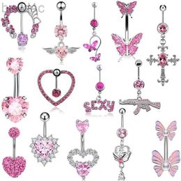 Navel Rings 1PC Boho Pink Zircon Belly Button Rings Dangle Heart Butterfly Navel Piercing Surgical Steel Belly Bar Body Piercing Jewelry d240509