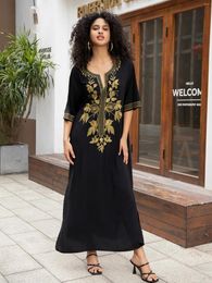Women's Plus Size Gold Embroidered Kaftan V Neck Half Sleeve Black Beach Dress Summer Swimsuit Cover Up House Robe Q1664