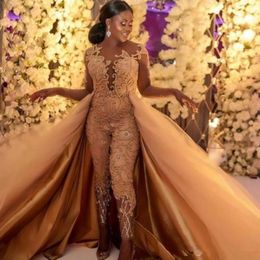 2019 Classic Jumpsuits Prom Dresses With Detachable Train Long Sleeves Lace Appliqued Evening Gowns Luxury African Party Women037494553