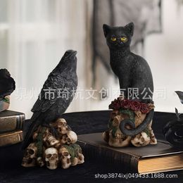 New Mysterious Dark Wind Skeleton Animal Cat And Crow Statue Resin Crafts Home Decoration