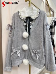 Women's Knits Lolita Sweet Beauty Knitted Cardigan For Women 2024 Cute Japanese Style Lace Bow V-neck Silver Sweaters Sueters De Mujer
