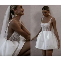 Vintage Short A Line Wedding Dress 2024 Spaghetti Straps Pearls Top Backless Satin Bridal Bride Party Gown Vestidos Noiva Robe De Mariage 0509