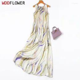 Casual Dresses Women Silk Tank Dress 93% Mulberry 7% Spandex Long Type Colorful Printed Sleeveless O Neck Midi Evening Gown M1118