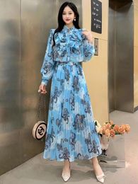 Work Dresses Spring Autumn Women Floral Chiffon Skirt Suits Sweet Ruffles Long Sleeve Loose Shirt And Pleated Two Piece Set