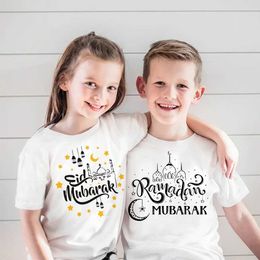 T-shirts Happy Eid Mubarak Print KidsT-shirt Girls Boys Eid Party Clothes Tops Ramadan Short Sleeve T Shirt Islamic Muslim Holiday Outfit T240509