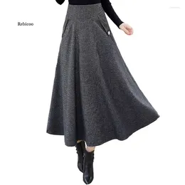 Skirts Women Woollen High Waist Retro Plaid Winter Fashion Warm Office Wool Pleated Maxi Skirt Femme