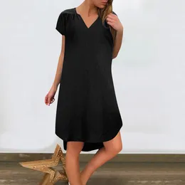 Casual Dresses 2024 Vintage Women Solid Color V Neck Short Sleeve Beach Knee-length Loose Dress Elegant Summer Vestidos Robe