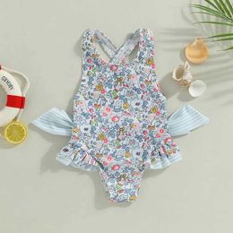 One-Pieces 1-6Y Toddler Girls Strap 1Piece Swimsuit Floral Sleeveless Backless Bathing Suit Ruffles Bowknot Swimwear Summer Beach Wear H240508