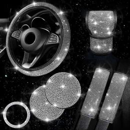 Steering Wheel Covers Bling Car Accessories 5 Color Diamond Car Steering Wheel Cover Seat Belt Cushion Shift Knob Cover Push Start Button Decor Suit T240509