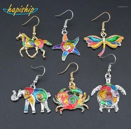 Dangle Chandelier Hapiship 2021 Fashion Gold Tone Colourful Glaze Tortoise Horse Elephant Crab Dragonfly Earrings For Women LAHA6300167