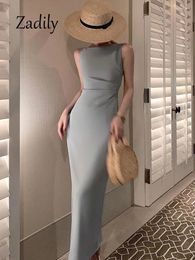 Casual Dresses Zadily 2024 Summer Minimalist Sleeveless Solid Colour Camisole Night Long Dress Slim Empire Split Ladies