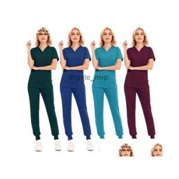 WomenS Two Piece Pants Womens Solid Colour Spa Threaded Clinic Work Suits Tops Uni Scrub Pet Nursing Uniform Drop Delivery Apparel C Dheci