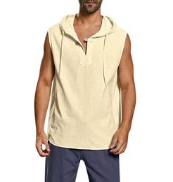 Men039s Tank Tops Baggy Top Cotton Linen Solid Button Vest Summer Leisure Beach Sleeveless Hooded Shirt Debardeur Homme C1900223