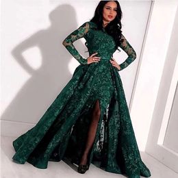 Green Long Sleeves Muslim Evening Dresses Lace Sequin Slit Dubai Kaftan Saudi Arabic Elegant Formal Dress Evening Gown 305A