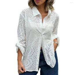 Women's Blouses Women Shirt Lapel Long Sleeve Single Breasted Tops Hollow Embroidery Flower Spring Autumn Female Clothing