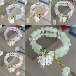 Wedding Bracelets Cute Green Crystal Bead Bracelet for Women Trendy Lily Valley Flower Charm Elastic Adjustable Bracelet Wedding Birthday Jewellery