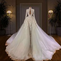 Dubai Mermaid Dresses Beading Pearls Long Sleeve Bridal Gowns Elegant Wedding Dress robes de mariee 0509
