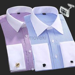 Men's Dress Shirts New M~6XL Cotton Mens French Cuffs Business Long Sleeve Shirt Stripes Comfortable Standard Elegant Formal Shirts Cufflink Top d240427