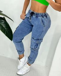 Women's Jeans Pocket Design Drawstring Cuffed Women High Waist Spring Summer Solid Colour Anklle Length Denim Pants Trousers