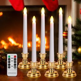 Pack of 6 Flameless Taper Candles With Candlestick Timed Remote Battery Operated Flickering LED candle Year Home Decoration 240430