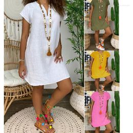 Casual Dresses Summer Loose Solid Color Short Sleeved V-neck Cotton Linen Dress Women's Stock