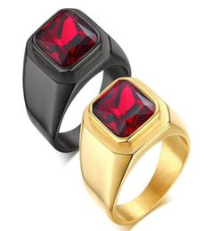 n321 Fashion gifts Jewellery Gold Black Choose Punk Stainless Steel Gothic Red gems ruby Large Stone Band Ring Women men 8119493331