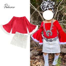 Clothing Sets Infant Kids Baby Girls Three-piece Skirt Suit Red Patchwork Boat Neck Flared Sleeves Pullover A-line And Waistband 1-6T