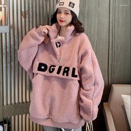 Women's Hoodies Lamb Cashmere Plus Size Sweater Women Autumn And Winter Y2K Loose Hong Kong Flavour Stand-up Collar Zipper Chic Top Tide