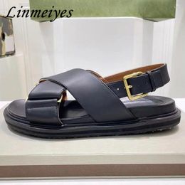 Sandals Thick Sole Women Genuine Leather Cross Strap Holiday Beach Shoes Woman Comfort Flat Sandalias Summer