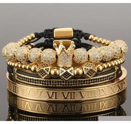 4PcsSet Gold Hip Hop Hand Made Bead Bracelet Men Copper Pave Cz Zircon Crown Roman Numeral Bracelets Bangles Jewelry Bxyni6643878