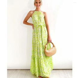 Casual Dresses Wepbel Vacation Beach Printed Halter Dress For Women 2024 Summer Sun High Waist Sleeveless Long A-line