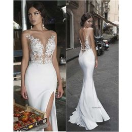 2021 Sexy Side Split Lace Appliques Illusion Beach Bridal Dress Satin Bohemian Formal Gown Sheath Wedding Dresses 0509