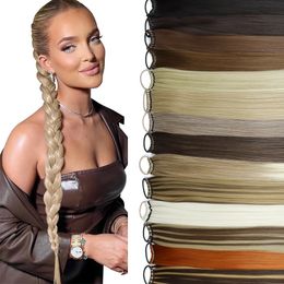 Synthetic Ponytail 24 Inch Black Natural Braided Tail Hairpiece Long Straight Rubber Band Hair For Women 240507