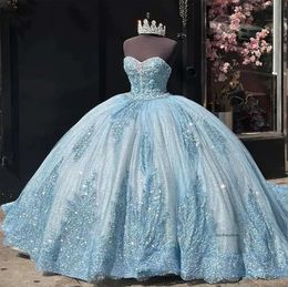 Niebieskie cekiny vestidos de 15 anos quinceanera sukienki na debiutanckie lśniącą ukochaną koronkę Sweet 16 konkursowe suknie imprezowe 0509