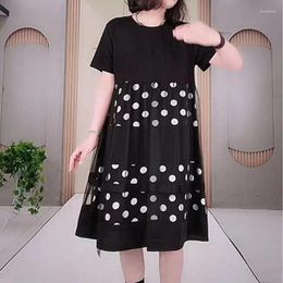 Party Dresses Casual Patchwork Gauze Midi Dress Loose Summer Printed Polka Dot Women's Clothing All-match Round Neck Stylish A-Line