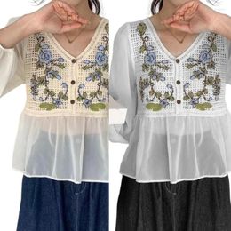 Women's Blouses Women Puff Long Sleeve Button Up Shirt Embroidery Flower Hollowed Out Crochet Ruffle Loose Peplums Top