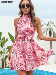 Basic Casual Dresses Summer chiffon dress womens sexy floral print pleated bandage holiday beach dress casual pink suspender A-line short skirt 2024 XW
