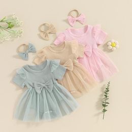 Rompers CitgeeSummer Infant Baby Girl Outfits Set Short Sleeve Ribbed Bodysuit Dress Bow Headband Clothes