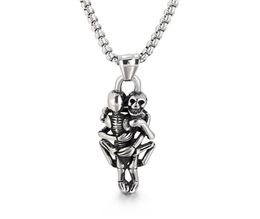 Mens Womens Stainless Steel Vintage Hugging Skull Skeleton Pendant Love Gothic Necklace Rolo Chain 3mm 24 inch3111123