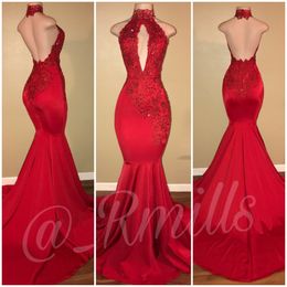 2018 Red High Neck Satin Prom Dresses Lace Appliques Beaded Sexy Backless Mermaid Long Evening Dresses Royal Blue Special Occasion Dres 314F