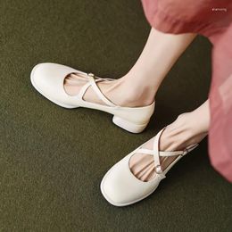 Casual Shoes Pumps Spring Autumn Style Fashion Comfortable Shallow Cross-tied Round Toe Square Heel Women's Plus Size 33-43 High3cm