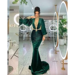 Modern High Neck Mermaid Evening Emerald Green Long Puffy Sleeves Trumpet Arabic Prrom Dresses Gold Appliques Beads Illusion Sexy Formal Party Gowns 0509