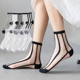 Women Socks 5 Pairs Summer Fashion Sheer Mesh Glass Silk Ultrathin Transparent Crystal Lace Elastic Airy Ladies