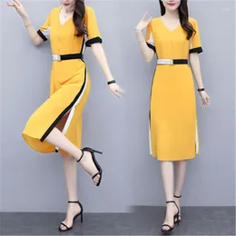 Party Dresses Real S Large Size Women's Fat Mm Simple Hepburn Style Contrast Color Stitching V Neck Cover Belly Slim Temperament Dress