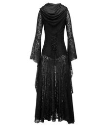 Casual Dresses Vintage Gothic Style Black Dress For Women Elegant Drawstring Flare Sleeve Maxi With Hood Lace Up VNeck Long Ropa4978142