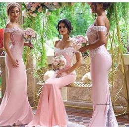 Pink Lace Applique Sexy 2021 Mermaid Long Bridesmaid Dresses Maid Of Honor For Wedding Party With Train plus size maxi 2-26w 0509