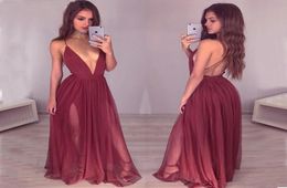 Sexy Dee V Neck Backless Burgundy Prom Dresses 2019 Spaghetti Straps Wine Red Split Long Evening Gowns Cheap Special Occasion Dres7888086